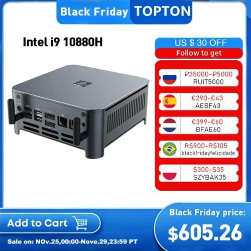 TOPTON New Mini PC Windows 10 Intel i9 10880H 8 Core 16 Threads 2*DDR4 2*M.2 NVME 2*Lan Gaming PC DP HDMI HTPC NUC 4K Computer