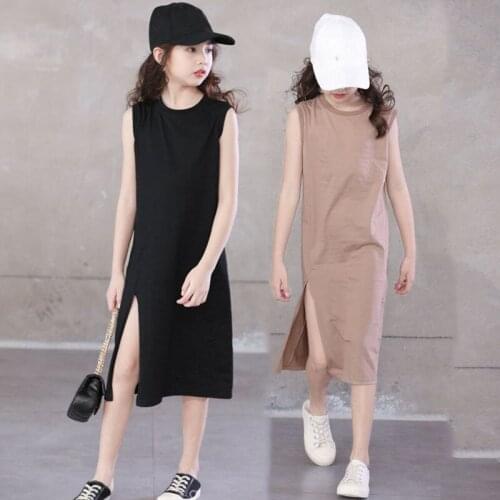 Fashion Mother Daughter Dress Summer Children Casual Aline Dresses Kids Split Long T Shirts Dress Cotton Clothes Khaki Black