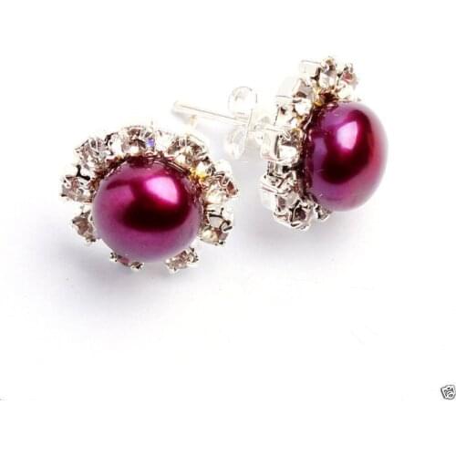 Natural 8-8.5mm Fuchsia Freshwater Pearl Crystal Silver Plated Stud Earring