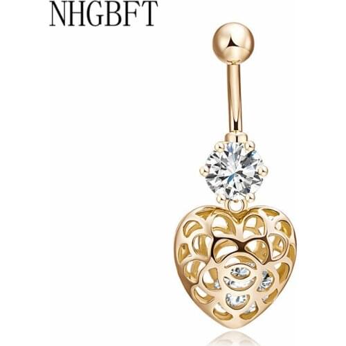 NHGBFT Fashion Hollow Love Heart belly button rings Bar Gold color Piercing Sexy Body Jewelry for women CZ navel piercing