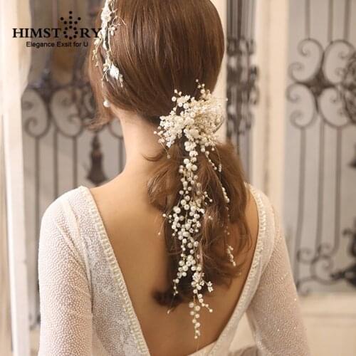 HIMSTORY Handmade Romantic Gold Hair Band Pearl Wedding Headbands Bridal Pageant Head Pieces Tiaras Jewelr