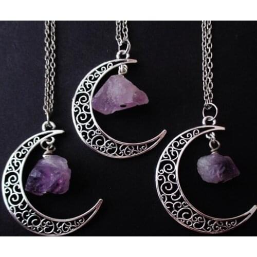 Purple Crystal Moon Necklace Crescent Moon Raw Witch Creativity Jewelry Wizard Punk Charm Pendant Fashion Women Gifts Novelty