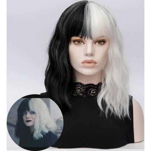 CRUELLA Deville De Vil Cosplay Wigs Curly Half White Half Black Heat Resistant Synthetic Hair Wig + Wig Cap