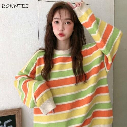 Pullovers Women O-neck Striped Full Sleeve Knitting Harajuku Chic Colorful Oversize Streetwear Kawaii High Quality Soft Sweater
