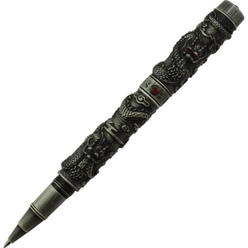 Jinhao Vintage Luxurious Rollerball Pen Double Dragon Playing Pearl, Ancient Gray Metal Carving Embossing Heavy Pen Collection