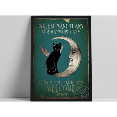 Salem Sanctuary For Wayward Cats Poster, Black Cat Prints Art, Vintage Cat Witches Moon Art Prints, Vintage Art Wall Stickers