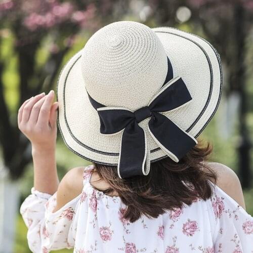 Sun Hat Big Black Bow Summer Hats For Women Foldable Straw Beach Panama Hat Visor Wide Brim Femme Female 2021 New