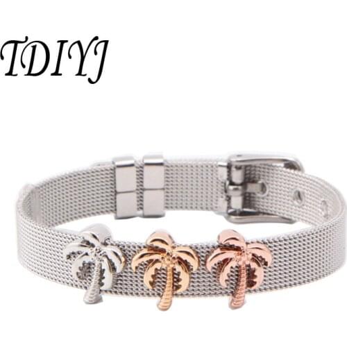 TDIYJ New Arrival 21cm Stainless Steel Mesh Bracelet with Three Palm Tree Keeper Charms for Summer Holiday 1 Set