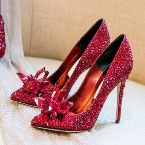 Luxury Bling Bling Crystal High Heel Shoes Champagne Red Silver Rhinestone Wedding Shoes Bride Shining Celebriety Dress Shoes