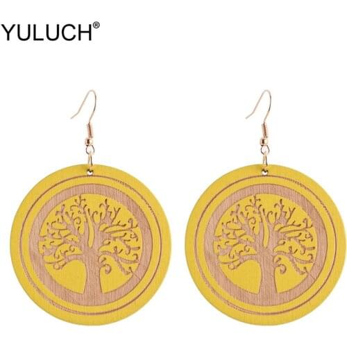 YULUCH Red Yellow Women Fashion Drop Earrings Ethnic African Indian Round Black Blue Wooden Sculpture Life Tree Pendant Earrings