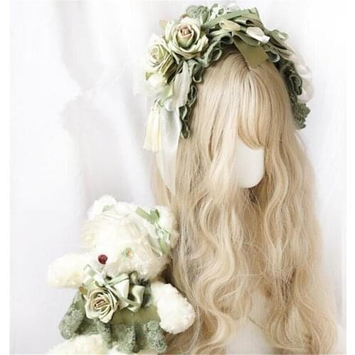 Mori Girl Vintage green Lolita flower KC Hair Band Hairpin Hair Accessories Lace Bow Ribbon hat Hair clip Tea Party B1381