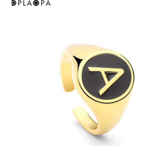 DPLAOPA 925 Sterling Silver Letter A-Z Enamel Black Resizable Rings Women Luxury Jewelry Round Fine Jewelry For Party Jewels