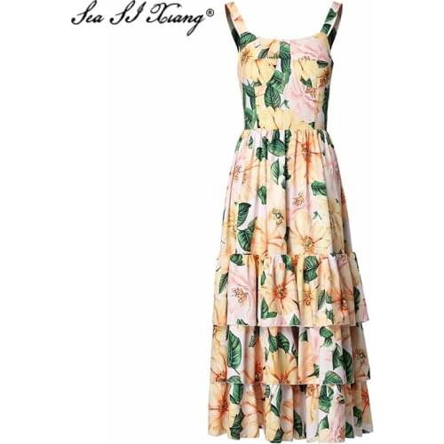 Seasixiang Fashion Designer Summer Dress Womens Spaghetti Strap Floral Print Sexy Backless Cascading Ruffles Vacation Dresses