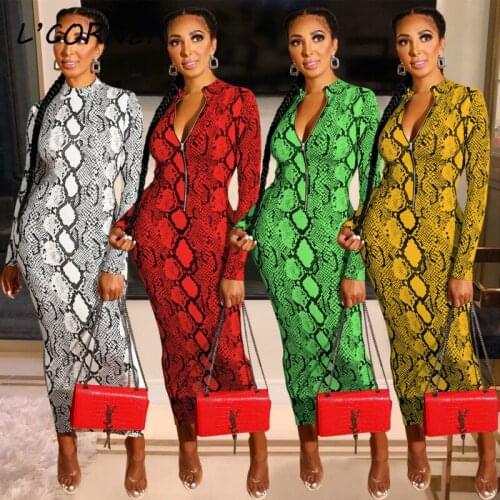 Snake Print Maxi Dresses for Women Autumn Long Sleeve Zipper Pencil Slim Bodycon Dress Party Club Sexy Dress