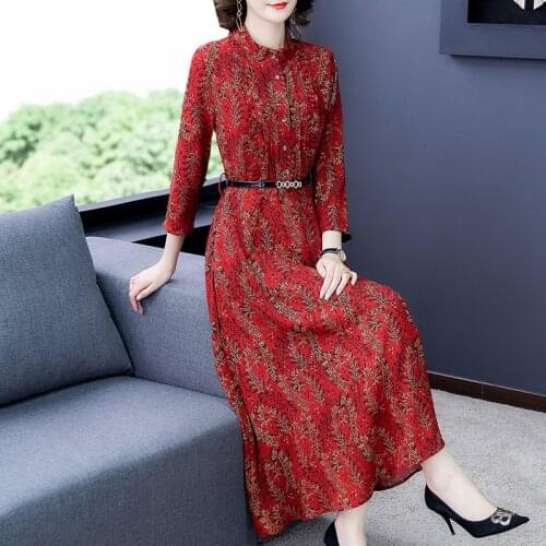 Spring Autumn Vintage Red Print Maxi Vestidos 2021 Casual 3XL Plus Size Knitting Midi Dress Elegant Women Bodycon Party Dresses