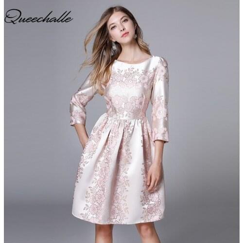 Queechalle Top Design Elegant Dress 2020 Autumn Womens Vintage Floral Print Embroidery Dresses Party Plus Size Vestidos Pink