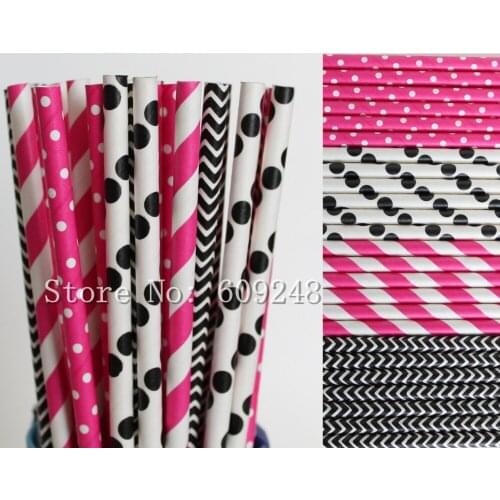 100pcs Drinking Paper Straws Mix,Deep Pink Swiss Dot and Striped,Black Chevron and Polka Dot,Girls Colored Party Mason Jar Straw