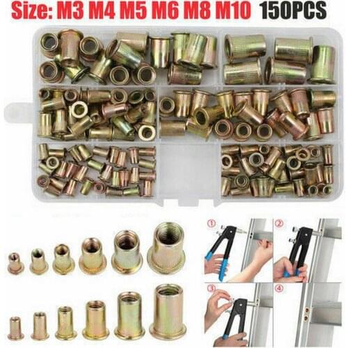 150PCS Rivet Nut Carbon Steel Knurled Body Rivet Nuts Kit Flat Head Threaded Blind Rivet Nut Insert Rivnut Repair Tool Parts