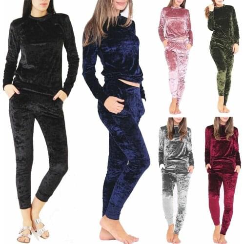2Pcs Velvet Velour Crushed Jogging Tops Womens Ladies Loungewear Tracksuit Sets