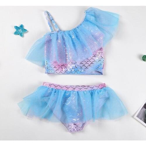 2021 New Baby Girl Romper Swimsuit / Spilt 2-Piece Suit Fish Scale Print Mermaid Gradient Mesh Swimming Wear Oversize L-XXXL