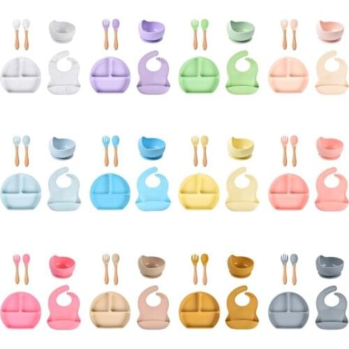 5 Pcs Baby Silicone Bibs Divided Dinner Plate Sucker Bowl Spoon Fork Tableware for Newborn Training Feeding