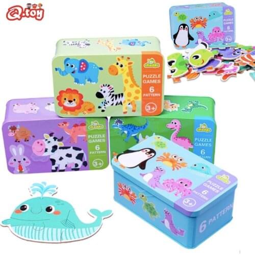 6 in 1 large size wooden puzzle iron box jigsaw board matching board jigsaw puzzle cognition board Montessori educational toys