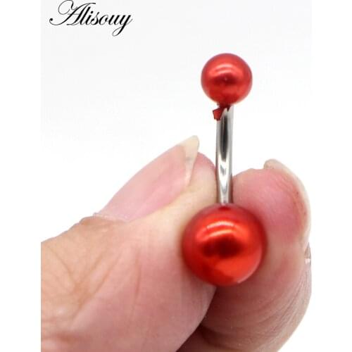 Alisouy 1 pcs Pearl Colour Ball Navel Ring Belly Button Bar six colors Body Jewelry navel piercing Stainless Steel belly ring