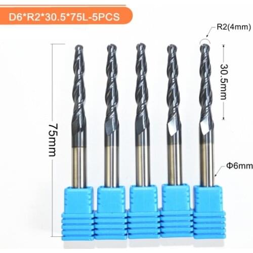 Free shipping-5PCS,R2.0*D6*30.5*75L,HRC55 Tungsten solid carbide TiALN Coated Taper Ball Nose End Mill,taper and cone Bit,wood