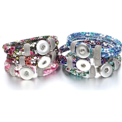 Unisex Bohemian Flower Printed Leather Snap Bracelet Fit 18mm Snap Button Bangle Wrist Watches for Women Snap Jewelry