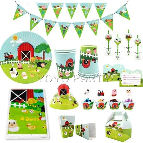 For Kids Child Farm Animals Party Tableware Decoration Supplies Plate Cup Straw Banner Favor Box Cupcake Hat Cap Sticker Balloon