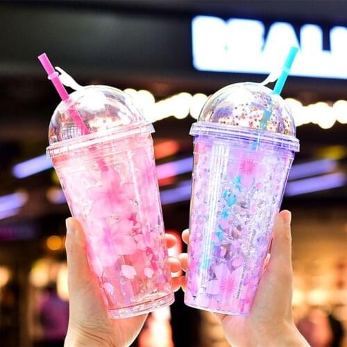 480ml Double Layer Straw Cup Creative Summer Drinking Bottle Plastic Water Bottle Portable Travel Mug For Juice Cold Drink