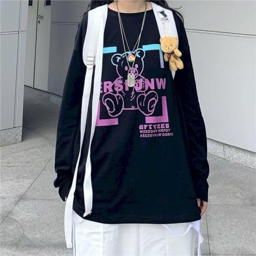Womens 100% Cotton Long-sleeved T-shirt Kawaii Autumn Ins Retro Trend Couple Cartoon Bear Letter Printing Wild Loose Casual Top