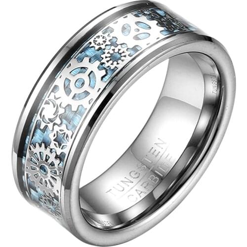 BONISKISS New Arrival Men Women Wedding Band Mechanical Gear Wheel Tungsten Steel Ring Light Blue Carbon Fiber Inlay Ring Box