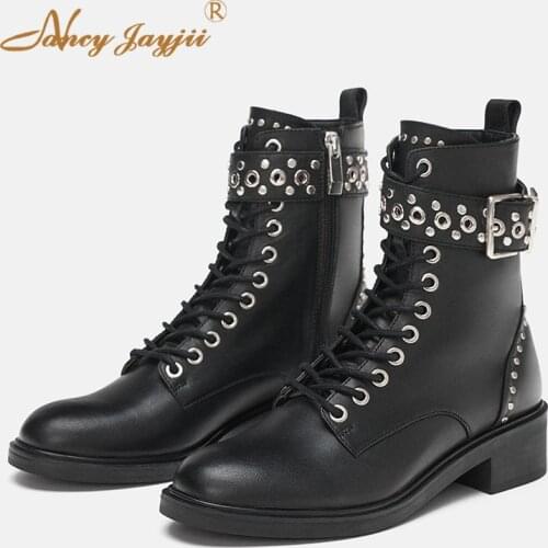 Motorcycle Boots Ankle Ladies Shoes Female Luxury Fashion Brand Rivets Lace-Up 2021 Autumn Plush Dress Party Street Size 44 39