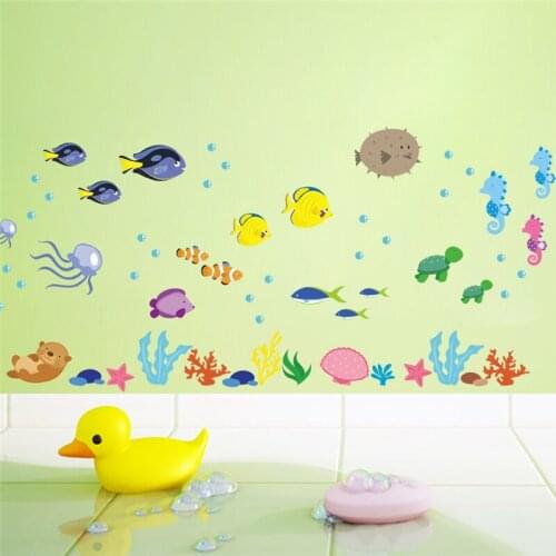 Underwater sea fish wall decals for kids rooms bathroom cartoon animal decorative wall stickers diy posters art pvc mural art