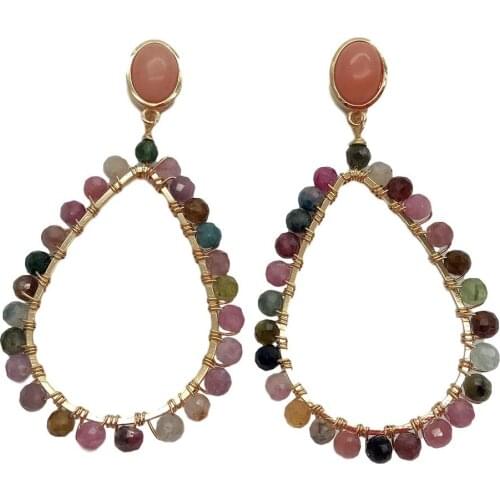 Natural Genuine Tourmaline Gold Color Teardrop Pink Aventurine Stud Earrings handmade cute for Girls Gift