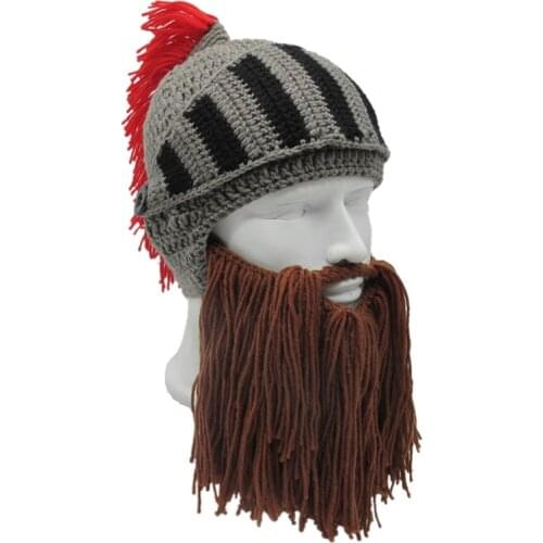New Tassel Cosplay Roman Knight Knit Helmet Mens Cap Original Barbarian Handmade Winter Warm Beard Hat Funny Beanies Halloween