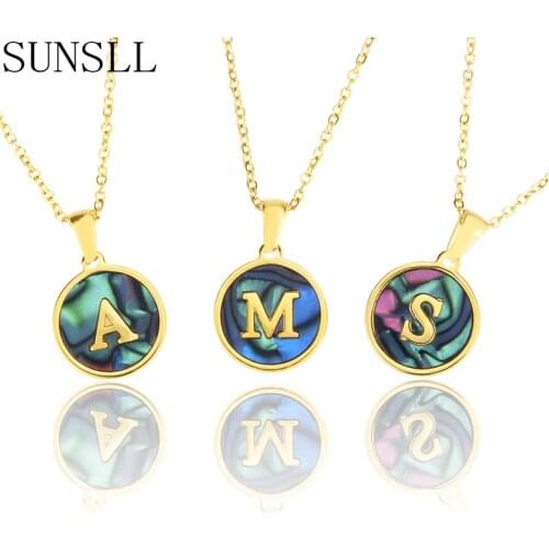 SUNSLL New Arrival Golden Stainless Steel Abalone Shell 26 Initials Pendant Necklace Women Fashion Party Simple Jewelry Gifts