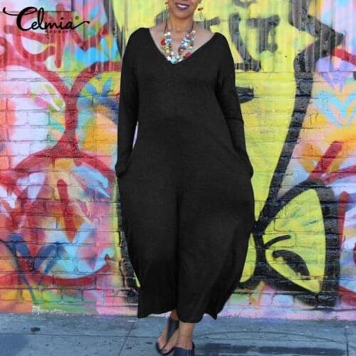 Celmia Solid Long Sleeve Women Jumpsuits 2021 Autumn Sexy V Neck Casual Wide Leg Rompers Loose Playsuits Pockets Work Overalls 7