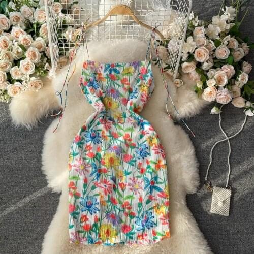 Floral Dress Vintage Halter Beach Off Shoulder High Waist Spaghetti Strap Dress Summer New Vacation Slim Sexy Dresses