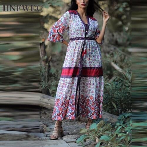 Europe Long Dress Women Summer New 2020 Bohemian Fashion Ladies DressShort Sleeve V-neck Tassled Women Clothing U757
