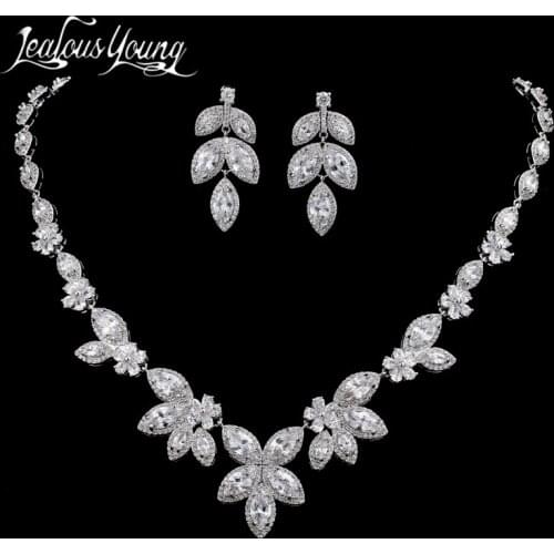 Luxury Flower Shape Cubic Zircon Nigerian Beads Necklace Wedding Jewelry Set For Bridal White Gold Color African Jewelry Sets
