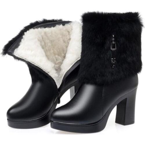 High-end Rabbit Fur Decoration Warm Snow Boots Genuine Leather Boots Inside Plush Wool Winter Shoes High Heel Boots Women Boots