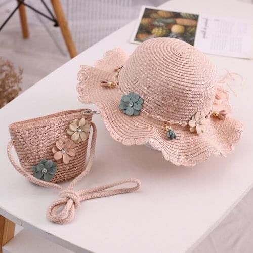 2021 New Kids Girls Wide Brim Straw Woven Sun Protection Beach Hat Flowers Summer Travel Bucket Cap Portable Handbag Gorras