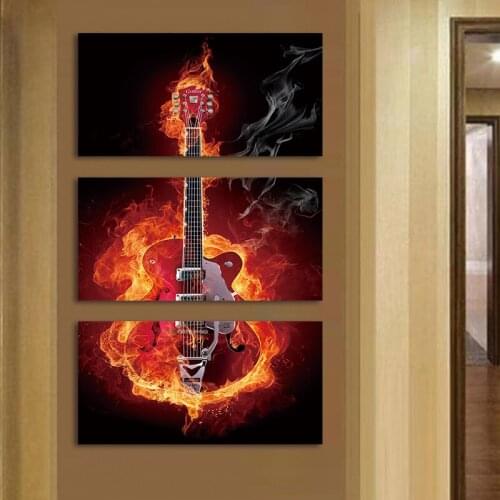 Modern Canvas Art Red Flame Guitar Posters 3 Pieces/Set Print Painting Music Bar Home Decoration Wall Pictures for Living Room