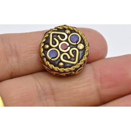 TZ-G03 Antique Nepal Handmade Six-word mantra Brass With Synthetic Coral And Turkey stone Bracelet DIY Bead For Necklace Making