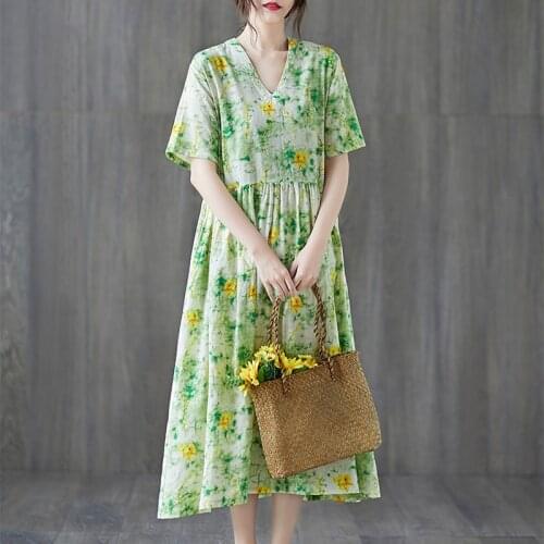 Uego Short Sleeve Loose Summer Dress Soft Cotton Linen Print Floral tender Ladies Dress Plus Size Women Holiday Casual Dress