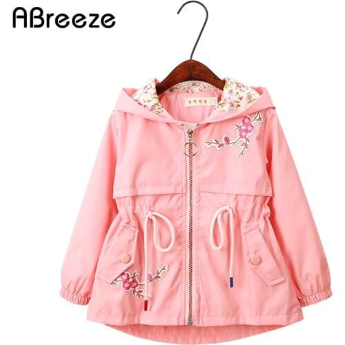 Spring Autumn children Trench fashion 3-11Y hooded girls outerwear & coats color Pink blue floral style trench for girls