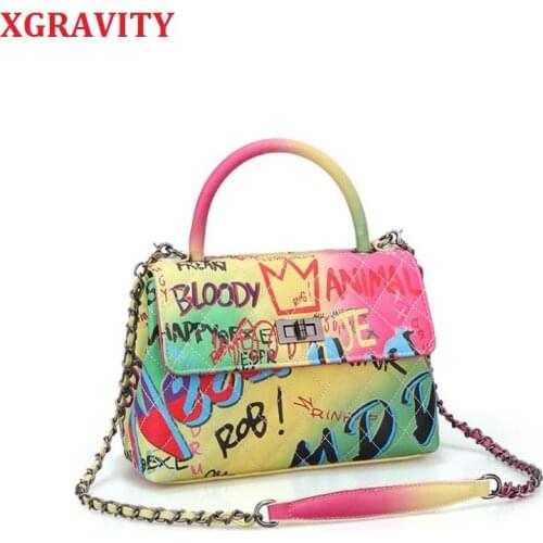 XGRAVITY Colorful Handbags Elegant Graffiti Ladies Fashion Messenger Bags Female Cross Body Bags All Matched Chain Tote Bag H55