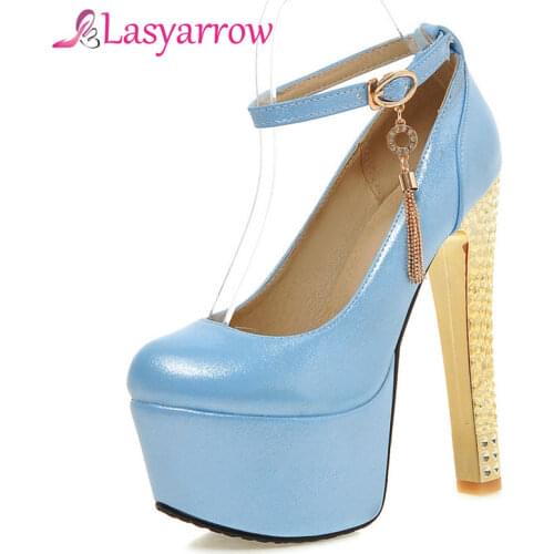 Lasyarrow Ankle Strap Wedding Shoes Thick High Heels Shallow Round Toe Pumps Platform Shoes Woman Crystal Tassel Buckle RM481